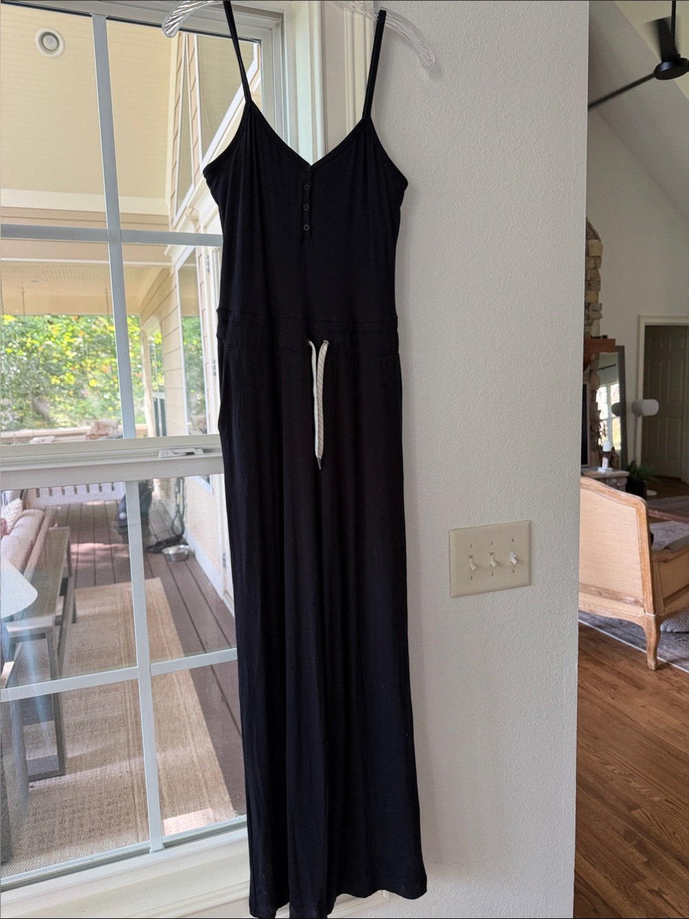 Vuori Black Spaghetti-Strap Drawstring Jumpsuit with Button Front
